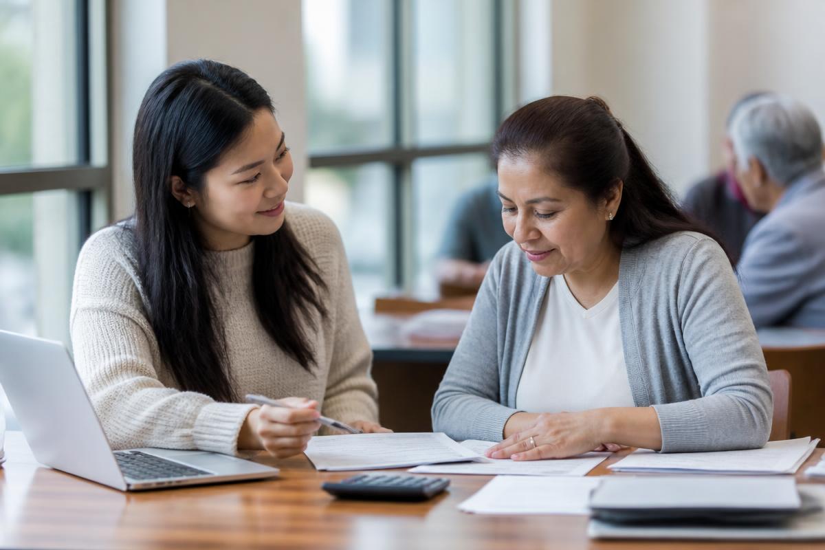 Volunteer helping a community member review tax documents
